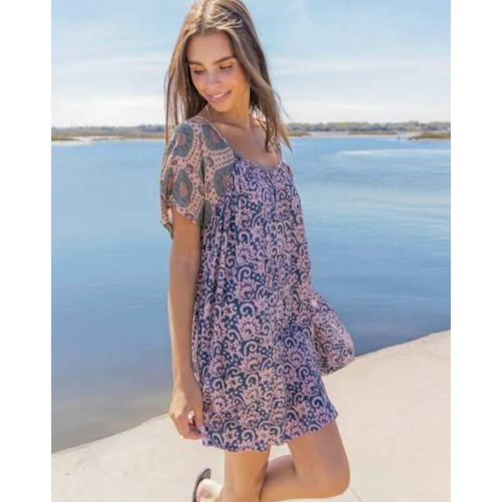 Natural Life Womens Mixed Print Mini Dress Size L/XL Boho Bohemian Hippie